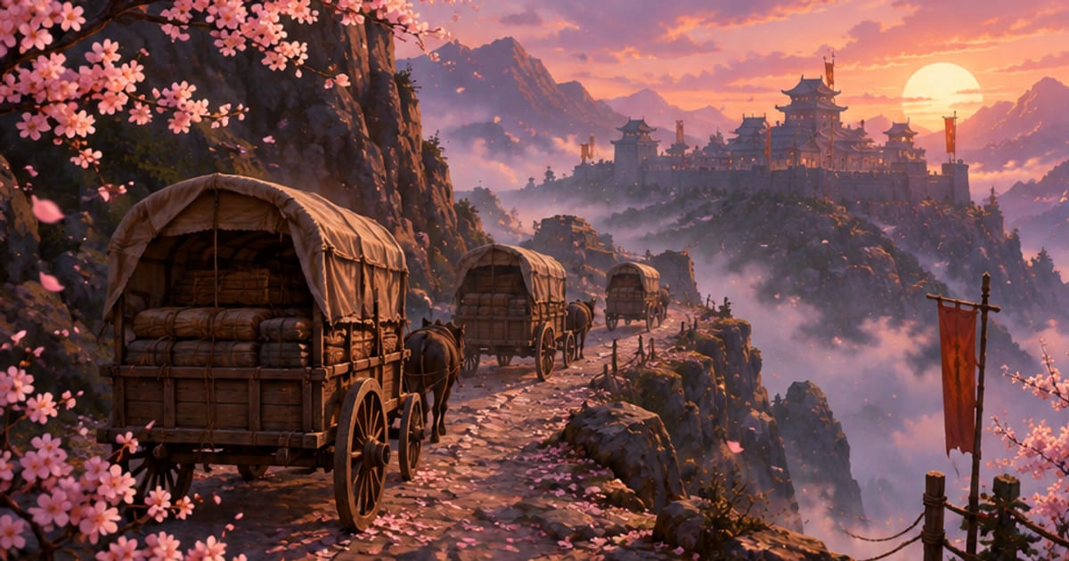 暮色隘道上前行的牛車與遠景
