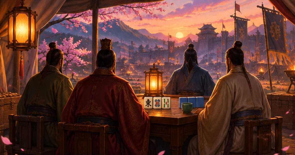 夕暮れの陣幕で静かに卓を囲む四人の後ろ姿