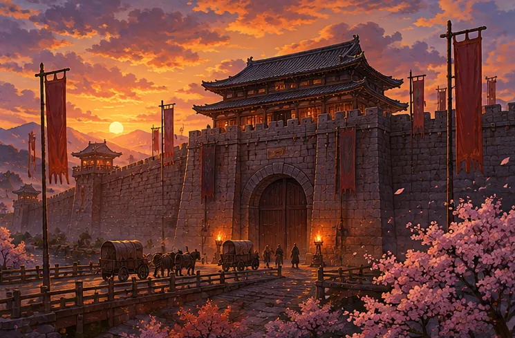 夕暮れ時に重い門を閉ざした頑丈な城門の遠景
