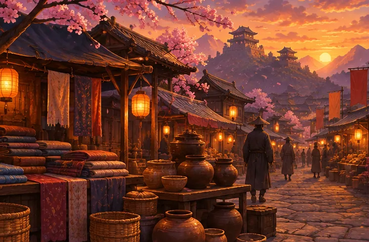 夕暮れの夜市に並ぶ陶器の壺と布地
