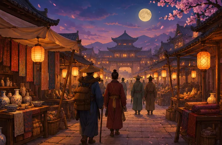 吊り提灯が灯る古代の夜市の通り