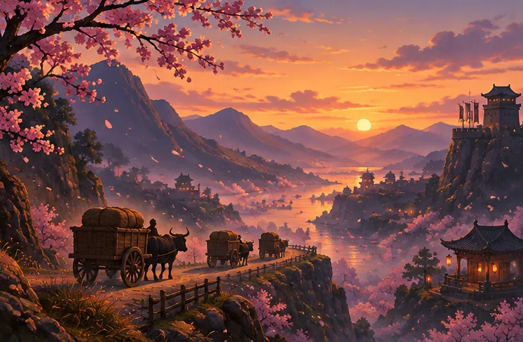 夕暮れの山道を進む牛車と舞い散る花びら