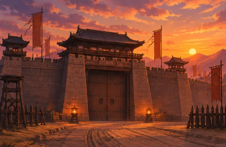 夕陽映照下的古代城牆與緊閉的城門