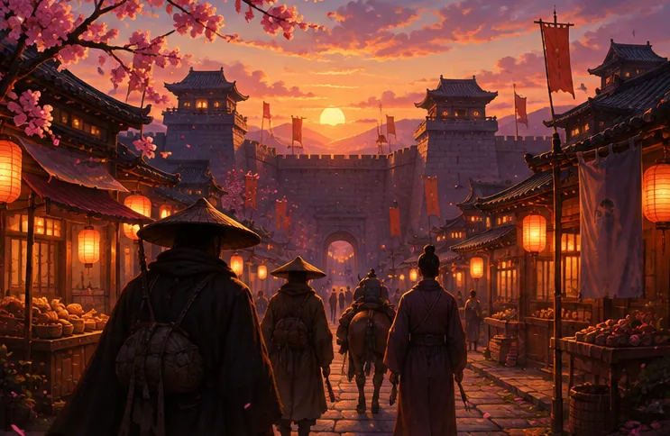 夜晚街景與店前懸掛的燈籠