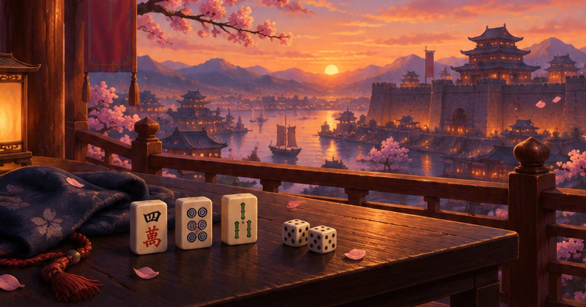 夜間樓閣桌上擺放的牌與骰子