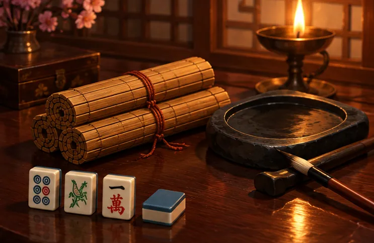 桌上擺放的竹簡與硯台、毛筆等書寫工具