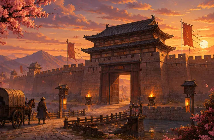 夕陽に照らされた重厚な城門の遠景