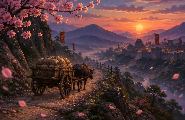 夕暮れの山道を進む荷車と舞い散る花びら