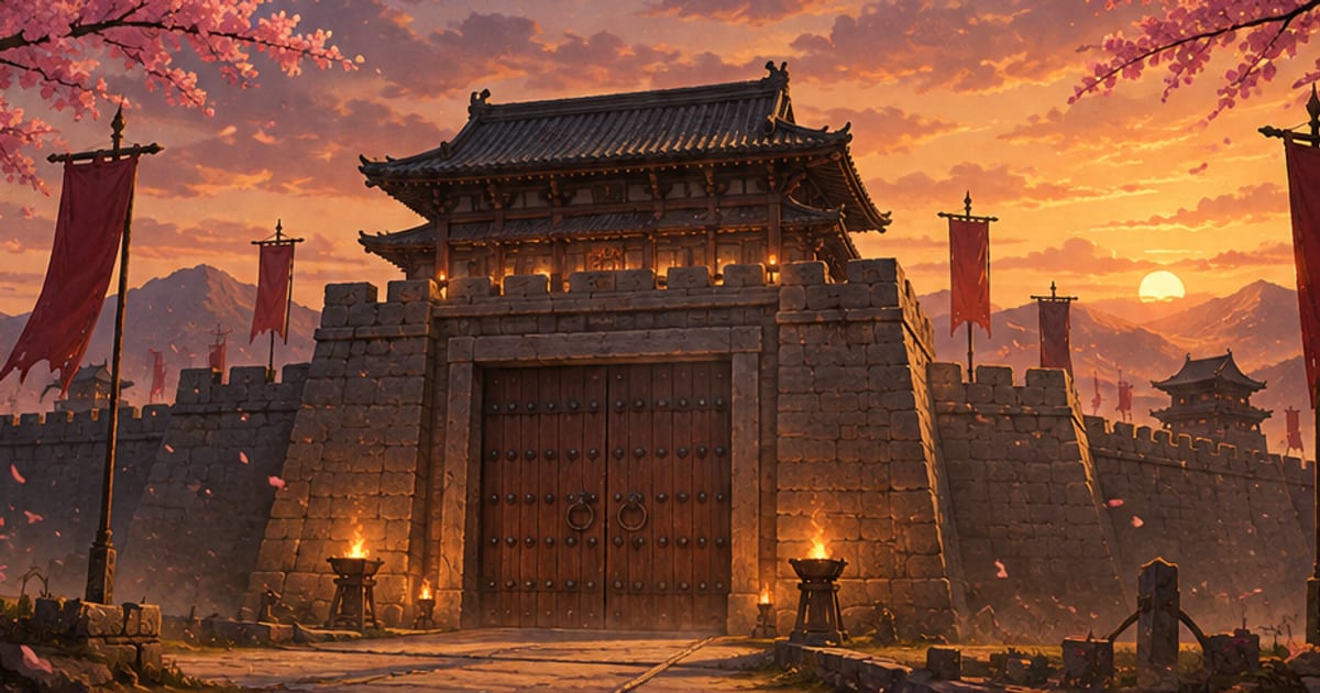 夕暮れの城壁と静かに立つ古代の城門