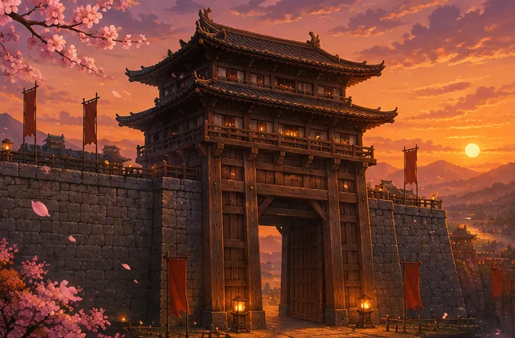 夕陽映照下堅固的城門與緊閉門扉的情景