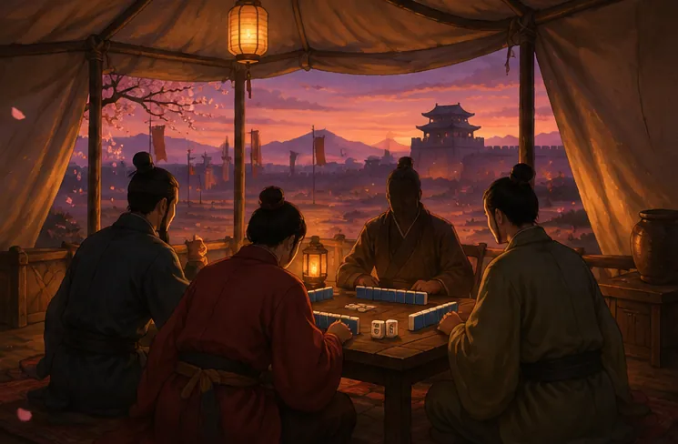 夕暮れの陣幕の中で牌の背を前に座る人々の後ろ姿