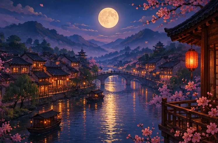 満月の光が水面に映る楼閣と川の夜景