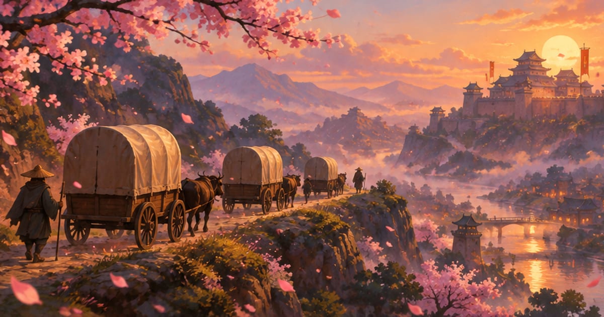 夕暮れの峠道を進む牛車と遠くの山並み