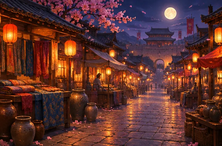 夜市上陳列的絲織品與懸掛的燈籠