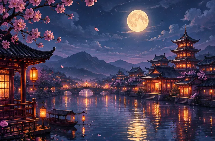 滿月映照河面與樓閣的夜景