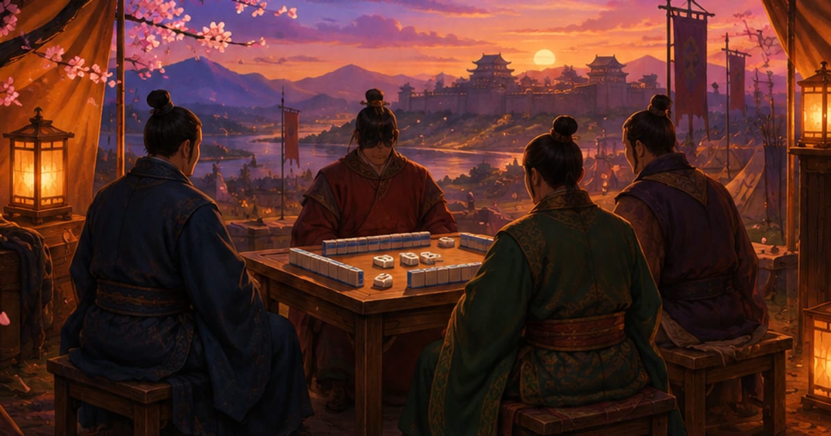 在陣幕牌桌前圍繞牌局對弈的光景