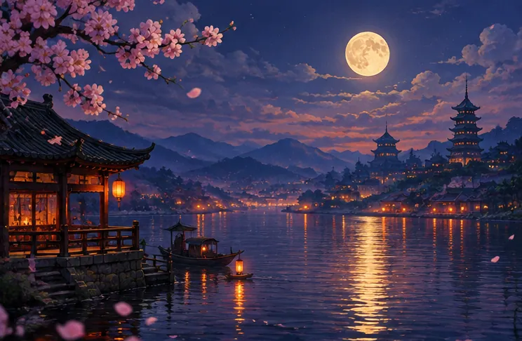 滿月與河畔樓閣燈火映照的夜景