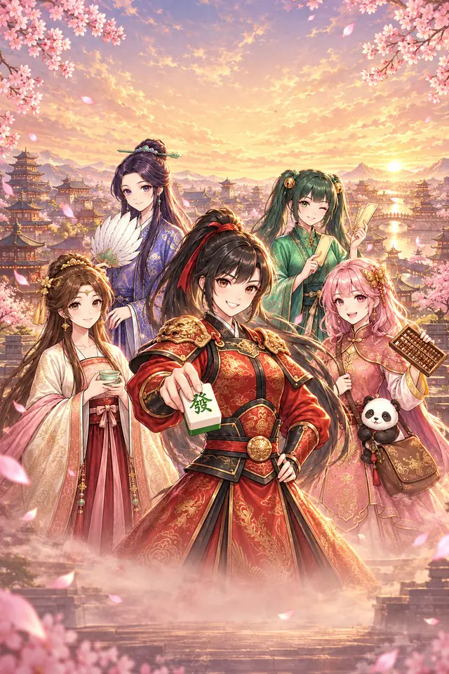桜の舞う夕暮れの城下を背に、麻雀の牌を差し出す戦姫と、並んで微笑む仲間たち